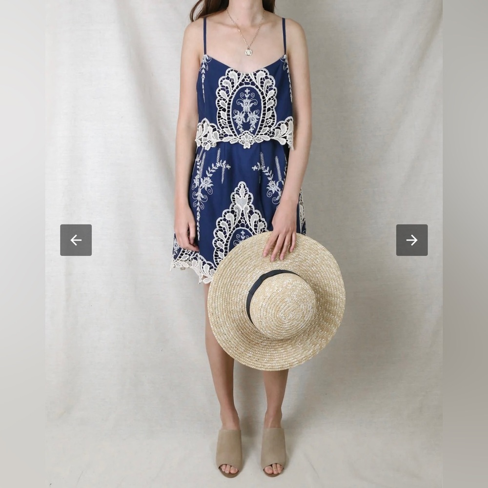 Ark & Co Macrame Antique Lace Navy and Beige Designer Dress